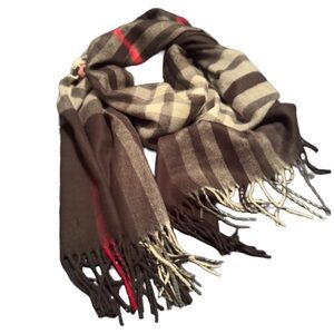 Fraas | Black and Gray Plaid Scarf with Red Accent